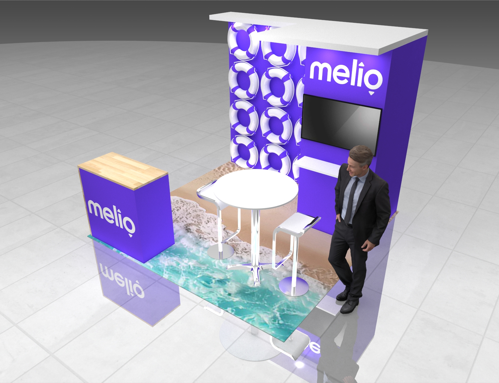 10x10 trade show exhibit rental in Las Vegas with backlit graphics, monitor, and reception counter