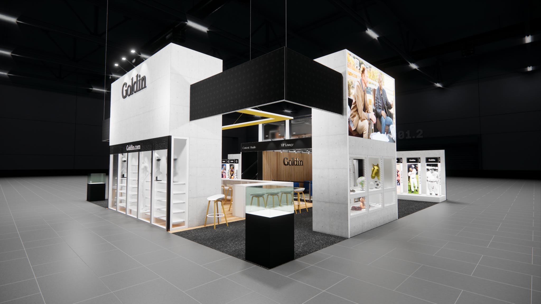 40x40 island exhibit rental in Las Vegas shown in a full corner view with hanging sign